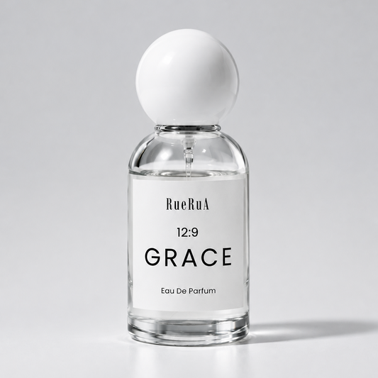 A clear glass bottle of BueRuA 5:24 LIFE Eau De Parfum with a matte white spherical cap, set against a clean light gray background.