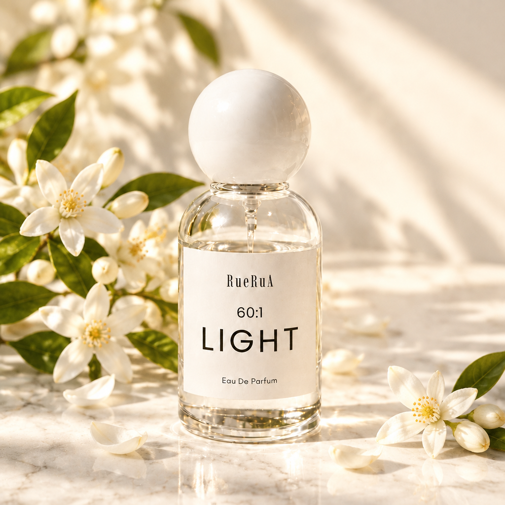A clear glass bottle of RueBul 60:1 LIGHT Eau De Parfum with a white spherical cap, set against a light gray background.