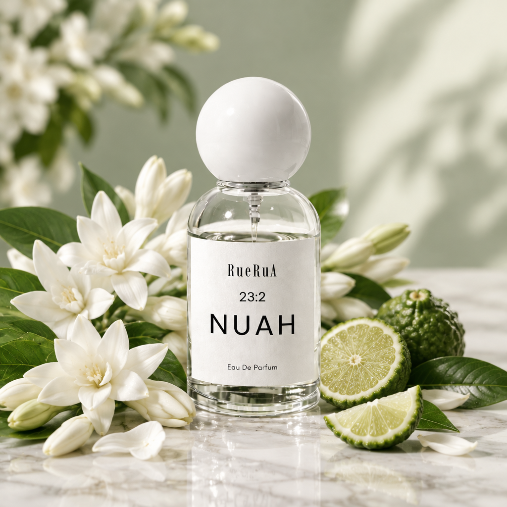 A clear glass perfume bottle with a white spherical cap and a white label reading RueRuA 23-2 NUAH, photographed on a light gray background.