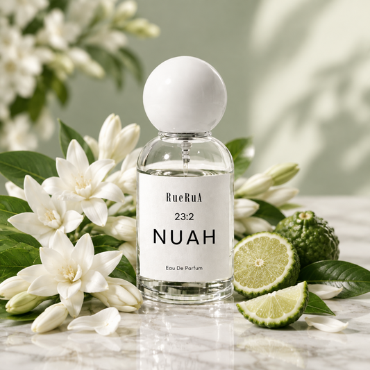 A clear glass perfume bottle with a white spherical cap and a white label reading RueRuA 23-2 NUAH, photographed on a light gray background.