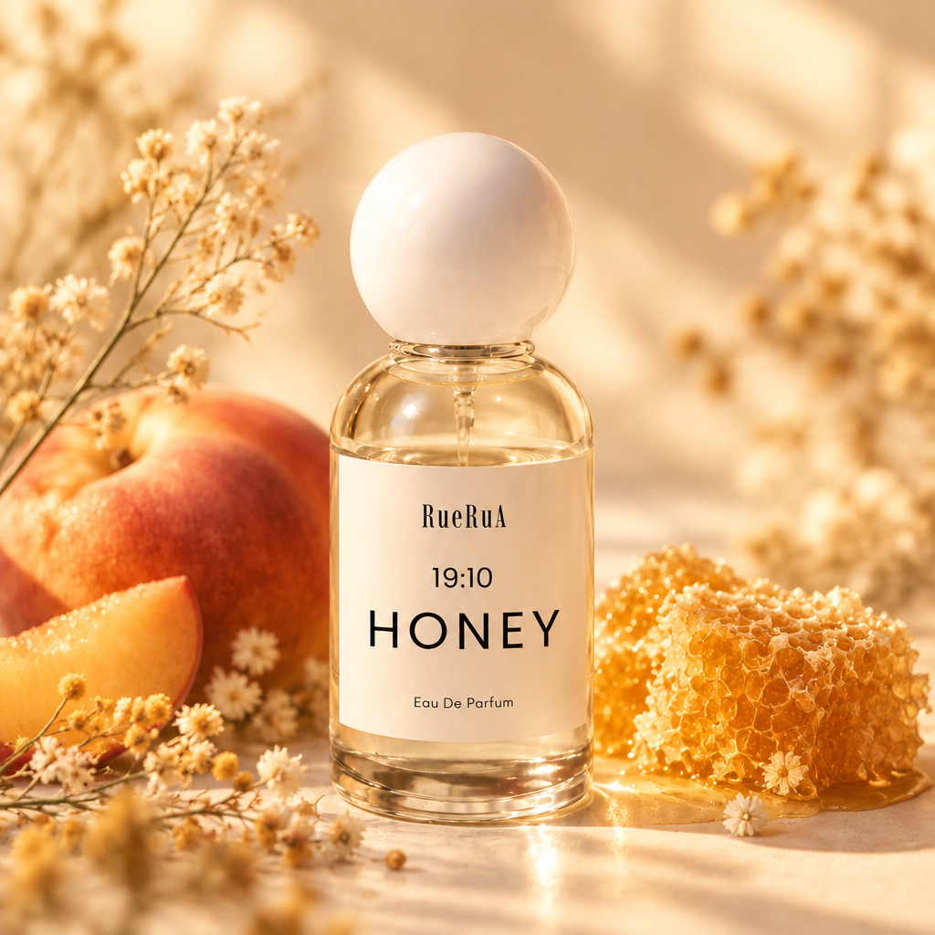 A clear glass perfume bottle with a white spherical cap and a white label reading RueBul 19:10 HONEY Eau De Parfum, set against a light gray background.
