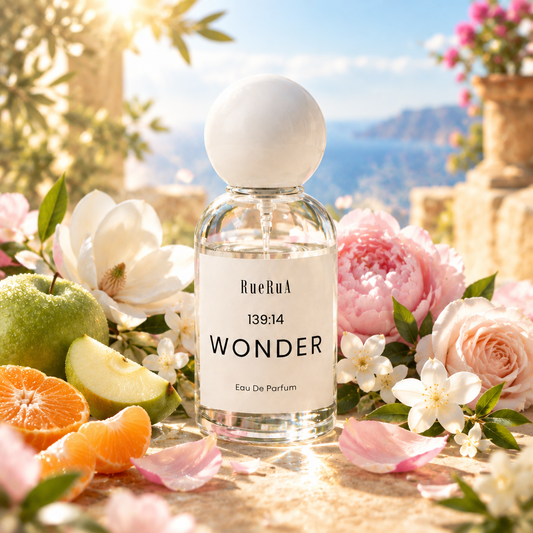 A clear glass bottle of RueBul Wonder Eau De Parfum with a white spherical cap and a white label featuring black text, set against a light gray background.