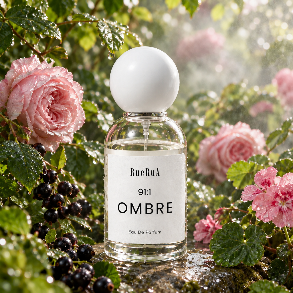 A clear glass perfume bottle with a white spherical cap and a white label reading 'BueBul 9:1 OMBRE Eau De Parfum', photographed on a light gray background with a soft shadow.