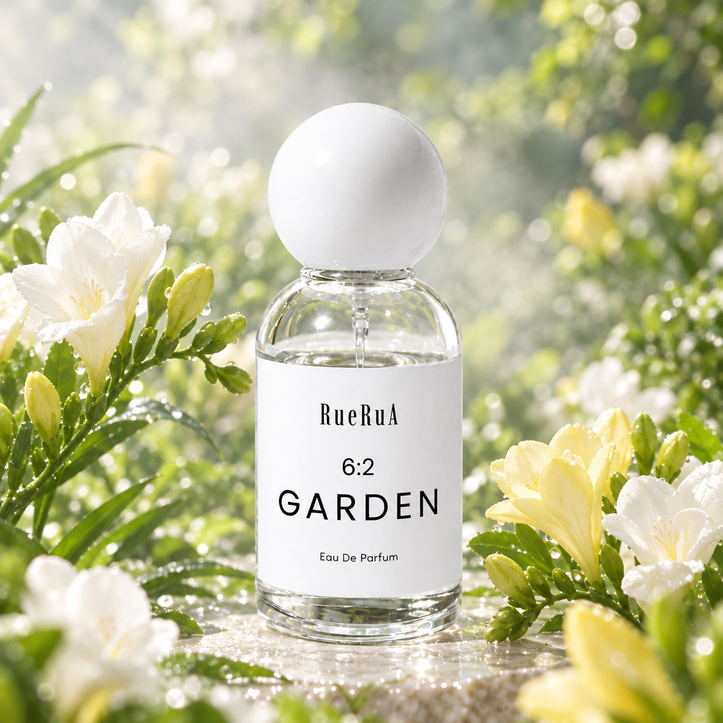 A clear glass perfume bottle with a white spherical cap and a white label reading RueBula 6:2 GARDEN Eau De Parfum, set against a light gray background.