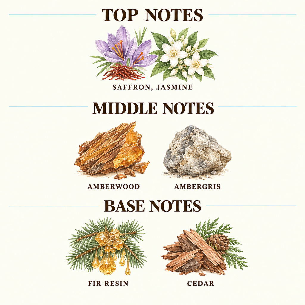 A fragrance notes chart on a cream background, labeled TOP NOTES, MIDDLE NOTES, and BASE NOTES, with illustrated botanicals and scent names including Sicilian mandarin, rosemary, amyris, iris, milk chocolate, coconut, coffee, tonka bean, and agarwood.