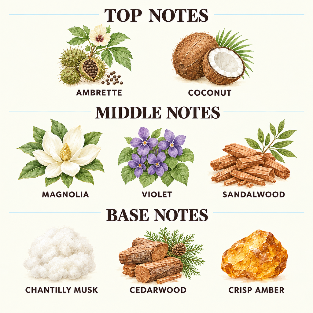 A fragrance scent profile graphic with labeled illustrations of notes: pear, lime, apple, fir needle, jasmine, moss, ambrette seed, ambergris, and cedarwood, arranged under headings Top Notes, Middle Notes, and Base Notes on a light cream background.
