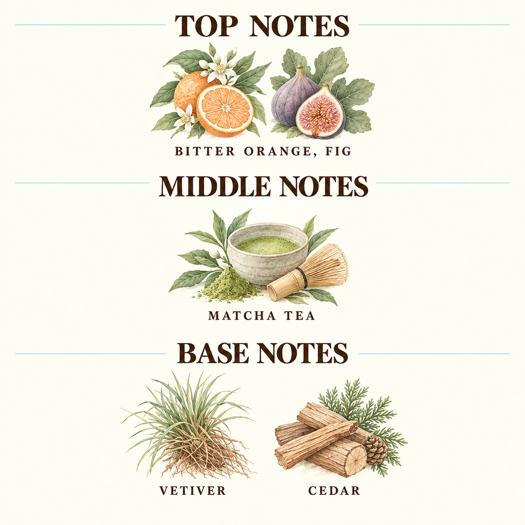 A fragrance notes chart on a cream background, titled 'TOP NOTES', 'MIDDLE NOTES', and 'BASE NOTES'. It features botanical illustrations and names for Cardamom, Violet, Iris, Papyrus, Sandalwood, Cedarwood, Ambrox, and Leather.