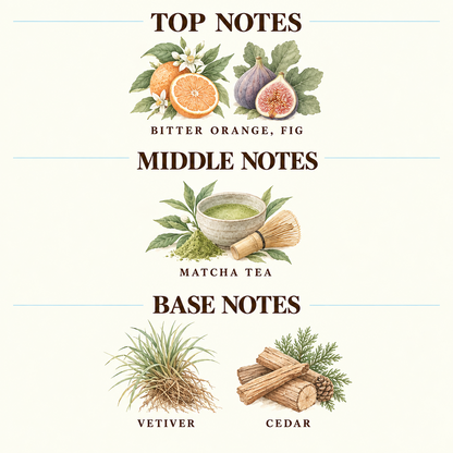 A fragrance notes chart on a cream background, titled 'TOP NOTES', 'MIDDLE NOTES', and 'BASE NOTES'. It features botanical illustrations and names for Cardamom, Violet, Iris, Papyrus, Sandalwood, Cedarwood, Ambrox, and Leather.