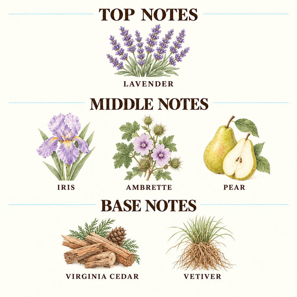 A fragrance notes chart on a cream background, titled 'TOP NOTES', 'MIDDLE NOTES', and 'BASE NOTES'. It features botanical illustrations and names for Cardamom, Violet, Iris, Papyrus, Sandalwood, Cedarwood, Ambrox, and Leather.
