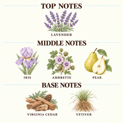 A fragrance notes chart on a cream background, titled 'TOP NOTES', 'MIDDLE NOTES', and 'BASE NOTES'. It features botanical illustrations and names for Cardamom, Violet, Iris, Papyrus, Sandalwood, Cedarwood, Ambrox, and Leather.