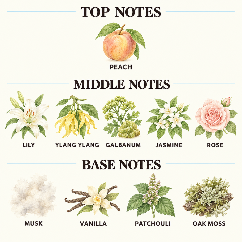 A fragrance scent profile graphic with labeled illustrations of notes: pear, lime, apple, fir needle, jasmine, moss, ambrette seed, ambergris, and cedarwood, arranged under headings Top Notes, Middle Notes, and Base Notes on a light cream background.
