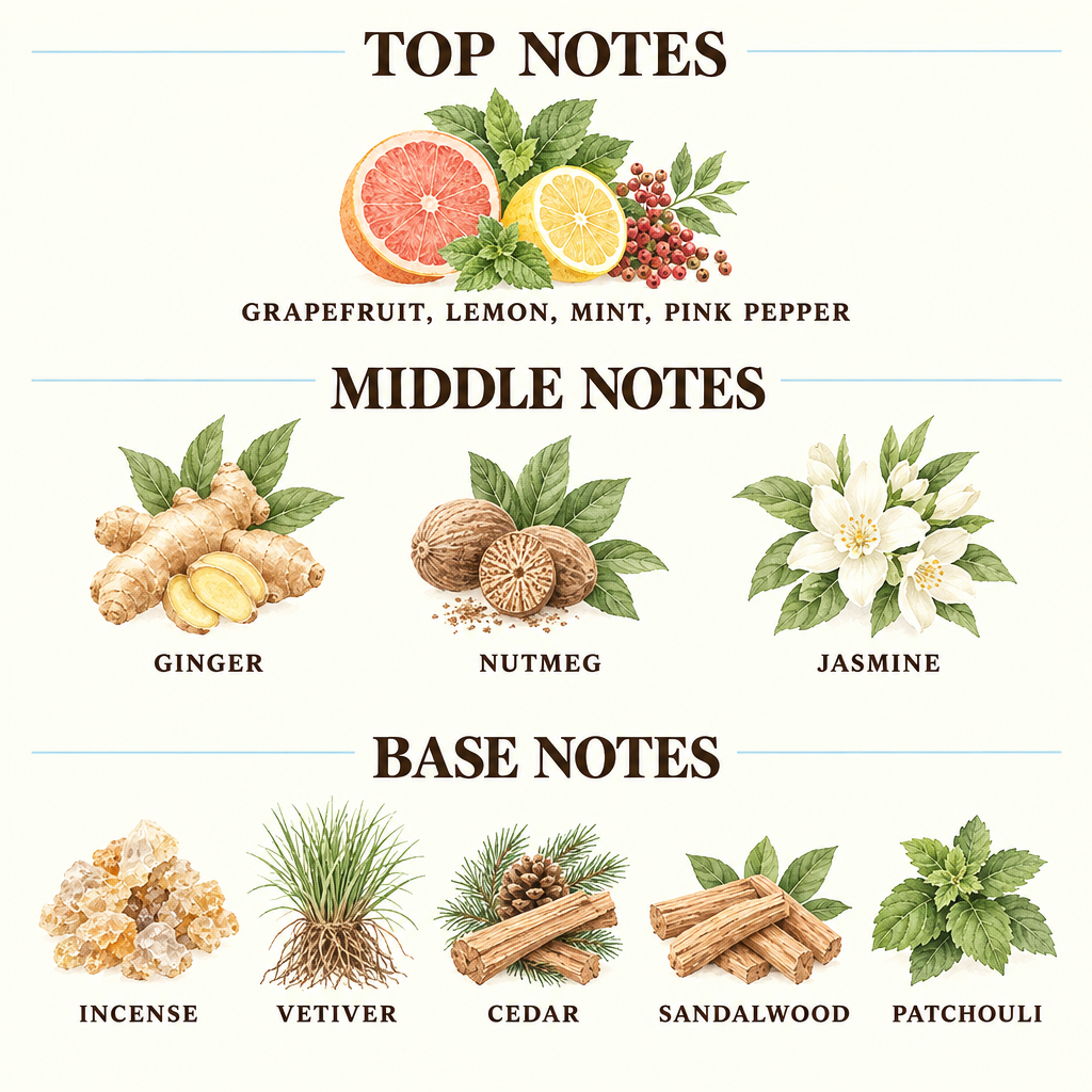 A fragrance notes graphic with illustrated botanicals labeled Top Notes, Middle Notes, and Base Notes on an off-white background. Top Notes include bergamot, juniper berry, and lemon.