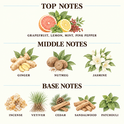 A fragrance notes graphic with illustrated botanicals labeled Top Notes, Middle Notes, and Base Notes on an off-white background. Top Notes include bergamot, juniper berry, and lemon.