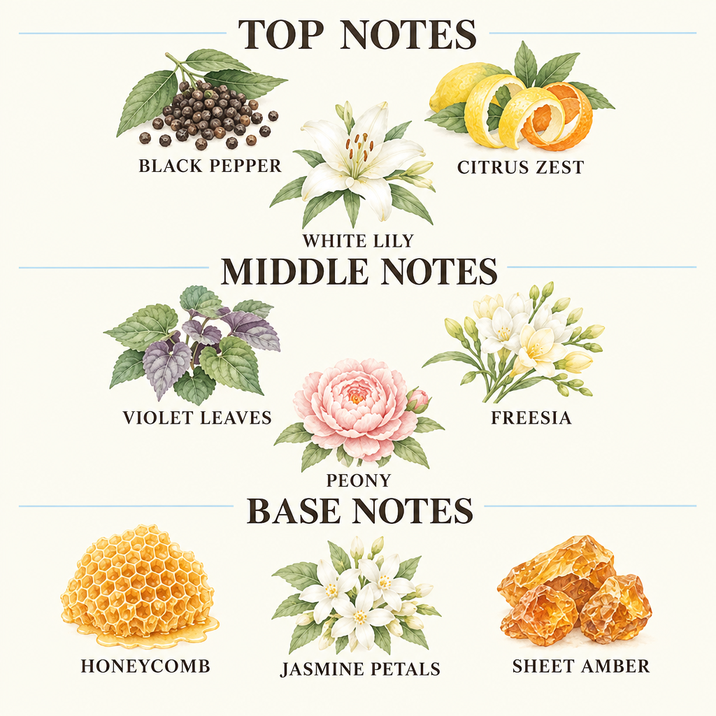 A fragrance notes chart with illustrated botanicals and food items labeled by scent family: top notes include Sicilian Mandarin and Rosemary; middle notes include Amyris, Iris, Milk Chocolate, Coconut, and Coffee; base notes include Tonka Bean and Agarwood (Oud).
