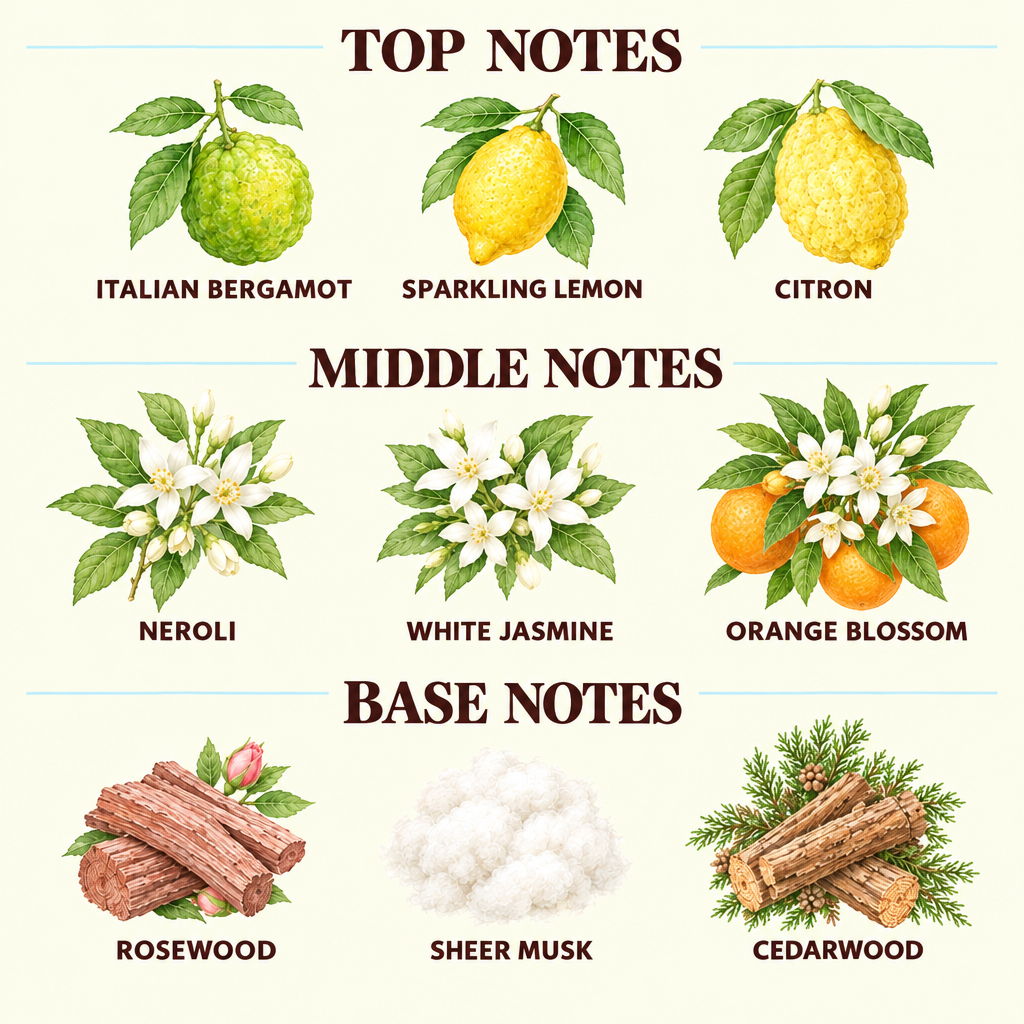 A fragrance notes graphic with illustrated botanical elements labeled by scent family: top notes California tangerine and apple, middle notes peony, rose, magnolia, and jasmine, and base notes white musk, woody, and oakmoss on a cream background.
