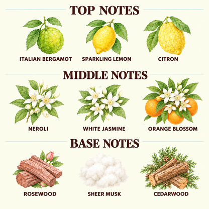 A fragrance notes graphic with illustrated botanical elements labeled by scent family: top notes California tangerine and apple, middle notes peony, rose, magnolia, and jasmine, and base notes white musk, woody, and oakmoss on a cream background.