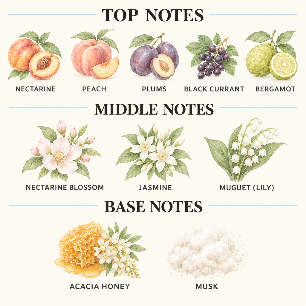 A fragrance notes chart with illustrated botanicals and food items labeled by scent family: top notes include Sicilian Mandarin and Rosemary; middle notes include Amyris, Iris, Milk Chocolate, Coconut, and Coffee; base notes include Tonka Bean and Agarwood (Oud).