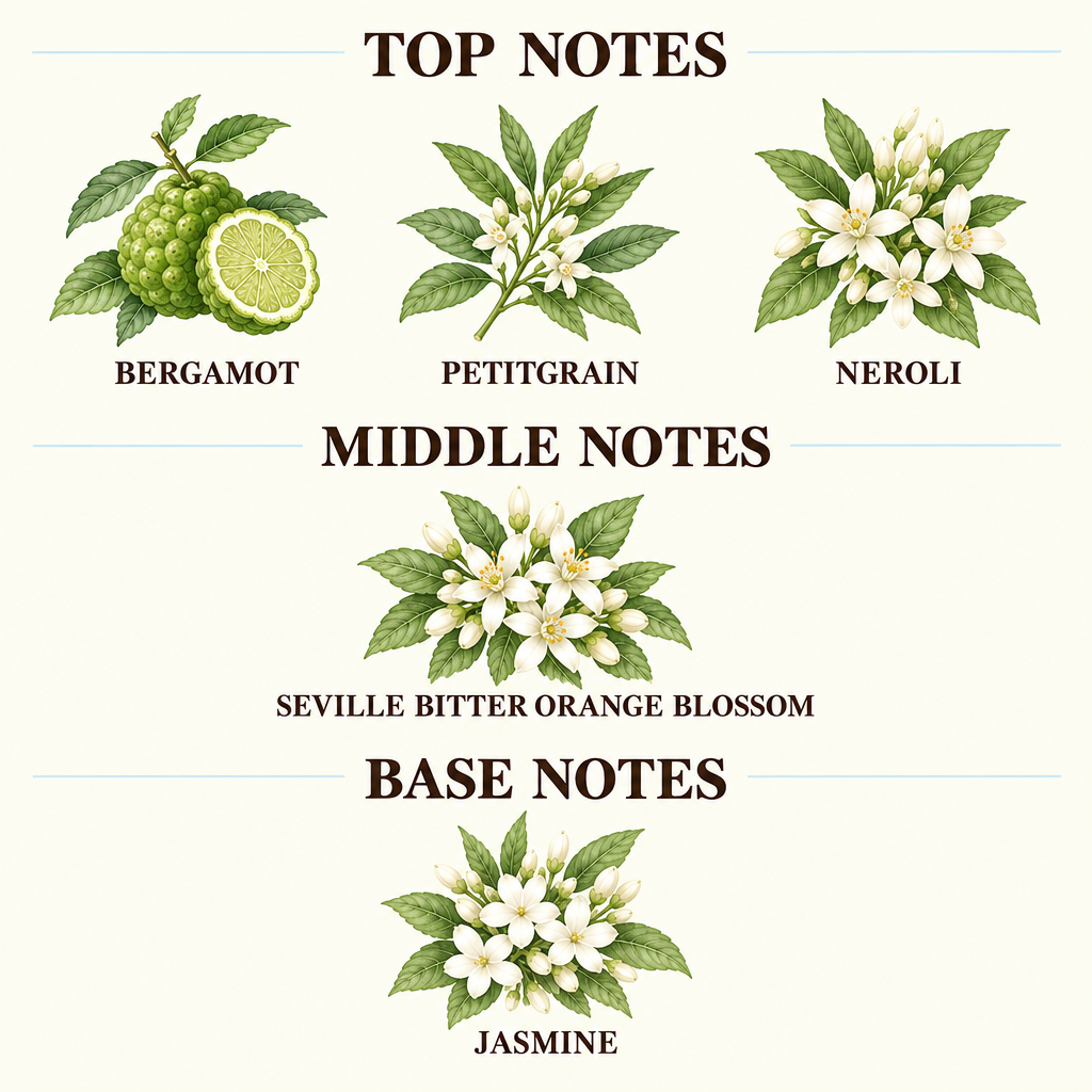 A fragrance notes graphic on a cream background, labeled TOP NOTES, MIDDLE NOTES, and BASE NOTES. Top notes include Sicilian lemon, mandarin, and bergamot with fruit and blossom illustrations.