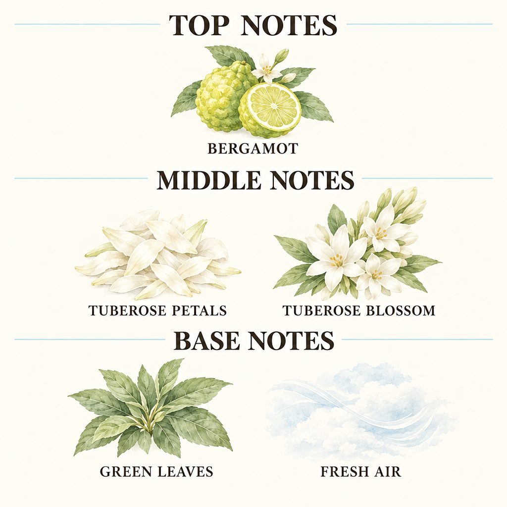 A fragrance notes chart with illustrated botanicals and food items labeled by scent family: top notes include Sicilian Mandarin and Rosemary; middle notes include Amyris, Iris, Milk Chocolate, Coconut, and Coffee; base notes include Tonka Bean and Agarwood (Oud).