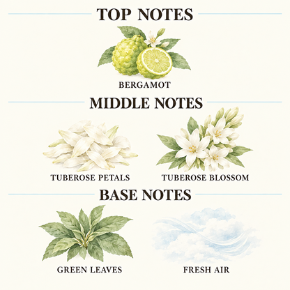 A fragrance notes chart with illustrated botanicals and food items labeled by scent family: top notes include Sicilian Mandarin and Rosemary; middle notes include Amyris, Iris, Milk Chocolate, Coconut, and Coffee; base notes include Tonka Bean and Agarwood (Oud).