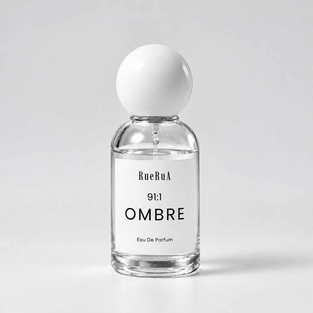 A clear glass bottle of BueRuA 5:24 LIFE Eau De Parfum with a matte white spherical cap, set against a clean light gray background.