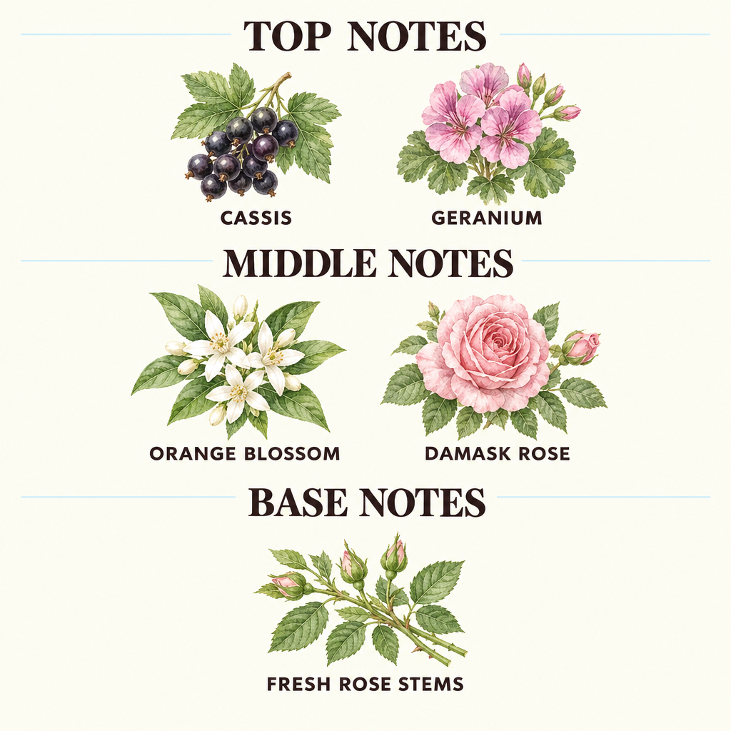 A fragrance scent profile graphic with labeled illustrations of notes: pear, lime, apple, fir needle, jasmine, moss, ambrette seed, ambergris, and cedarwood, arranged under headings Top Notes, Middle Notes, and Base Notes on a light cream background.