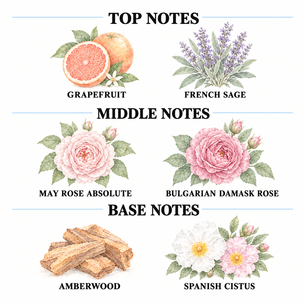 A botanical fragrance notes chart on a white background, divided into Top Notes, Middle Notes, and Base Notes. The chart features watercolor illustrations of citrus fruits (Tangy Lemon, Bergamot, Italian Mandarin), flowers (Jasmine, Violet), aromatic leaves (Ylang Ylang), and a pink powder sample labeled Musk, each labeled with its name underneath.
