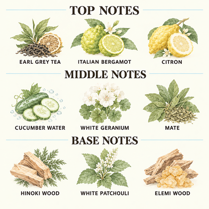 A fragrance notes graphic on a cream background, labeled TOP NOTES, MIDDLE NOTES, and BASE NOTES. Top note is Bergamot with an illustration of a green bergamot fruit and slice.