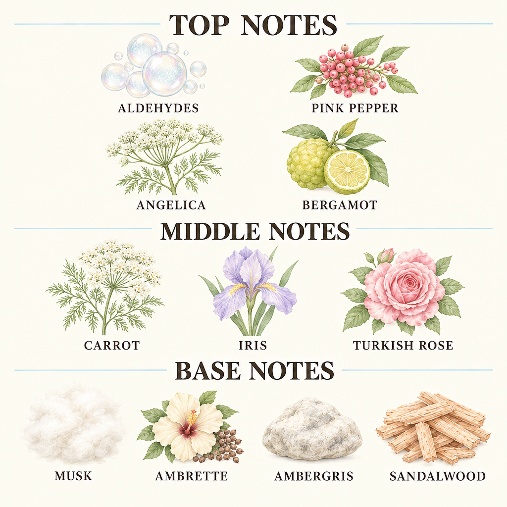 A fragrance notes chart with illustrated botanicals and food items labeled by scent family: top notes include Sicilian Mandarin and Rosemary; middle notes include Amyris, Iris, Milk Chocolate, Coconut, and Coffee; base notes include Tonka Bean and Agarwood (Oud).