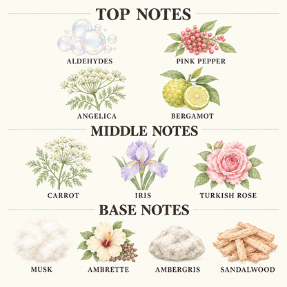 A fragrance notes chart with illustrated botanicals and food items labeled by scent family: top notes include Sicilian Mandarin and Rosemary; middle notes include Amyris, Iris, Milk Chocolate, Coconut, and Coffee; base notes include Tonka Bean and Agarwood (Oud).