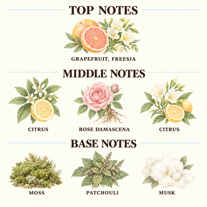 A fragrance notes graphic with illustrated botanicals labeled Top Notes, Middle Notes, and Base Notes on an off-white background. Top Notes include bergamot, juniper berry, and lemon.