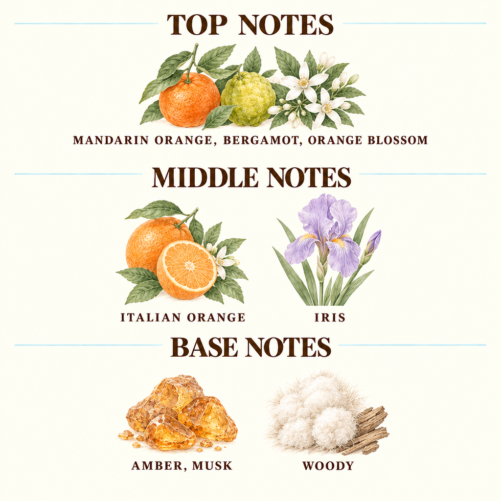 A fragrance notes chart on a cream background, labeled TOP NOTES, MIDDLE NOTES, and BASE NOTES, with illustrated ingredients: blackberry, rum, saffron, clary sage, leather accord, patchouli, and powdery musk.
