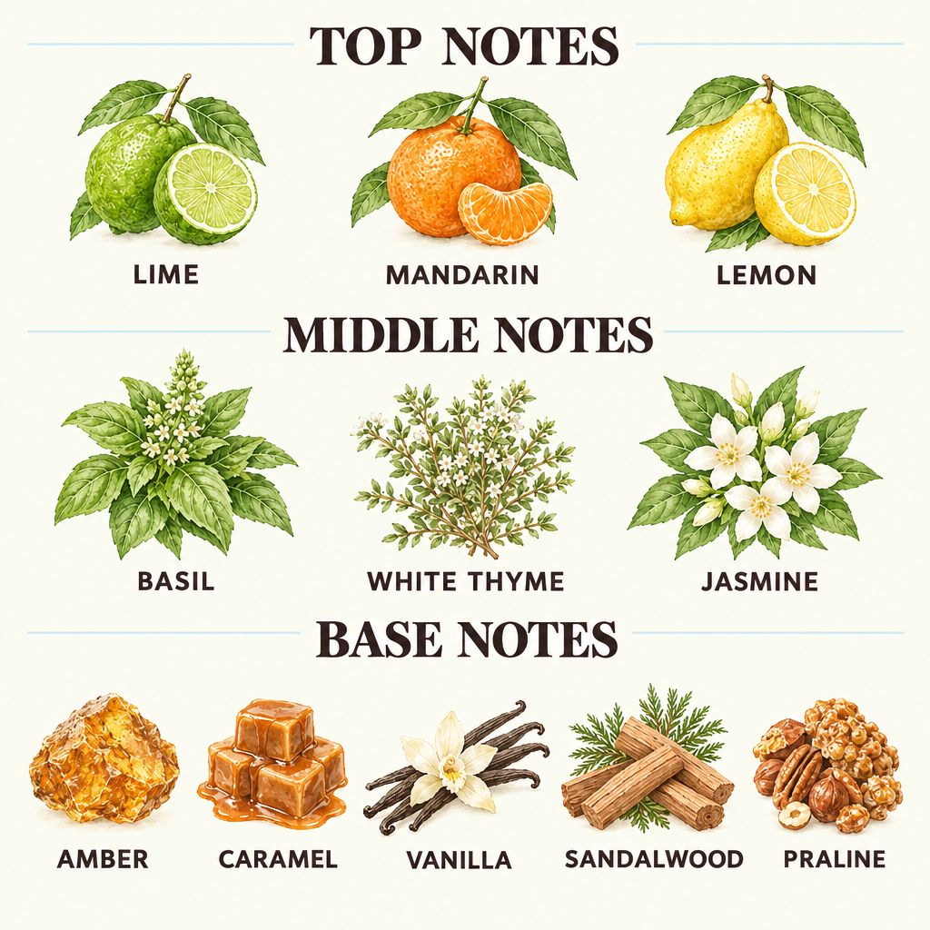A fragrance scent profile graphic with labeled illustrations of notes: pear, lime, apple, fir needle, jasmine, moss, ambrette seed, ambergris, and cedarwood, arranged under headings Top Notes, Middle Notes, and Base Notes on a light cream background.